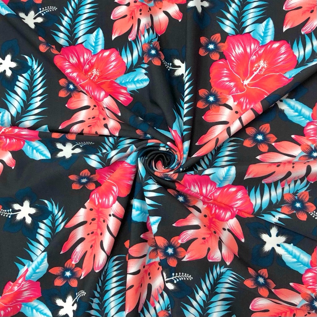 Coral &amp; Blue Floral Lycra Spandex Fabric