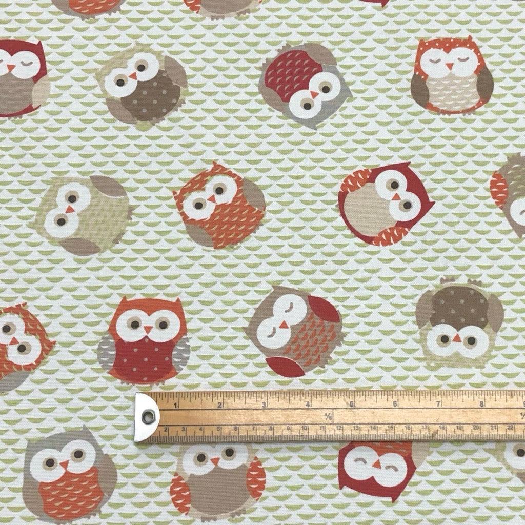 Owls on Green & Ivory Cotton Canvas Fabric - Pound Fabrics