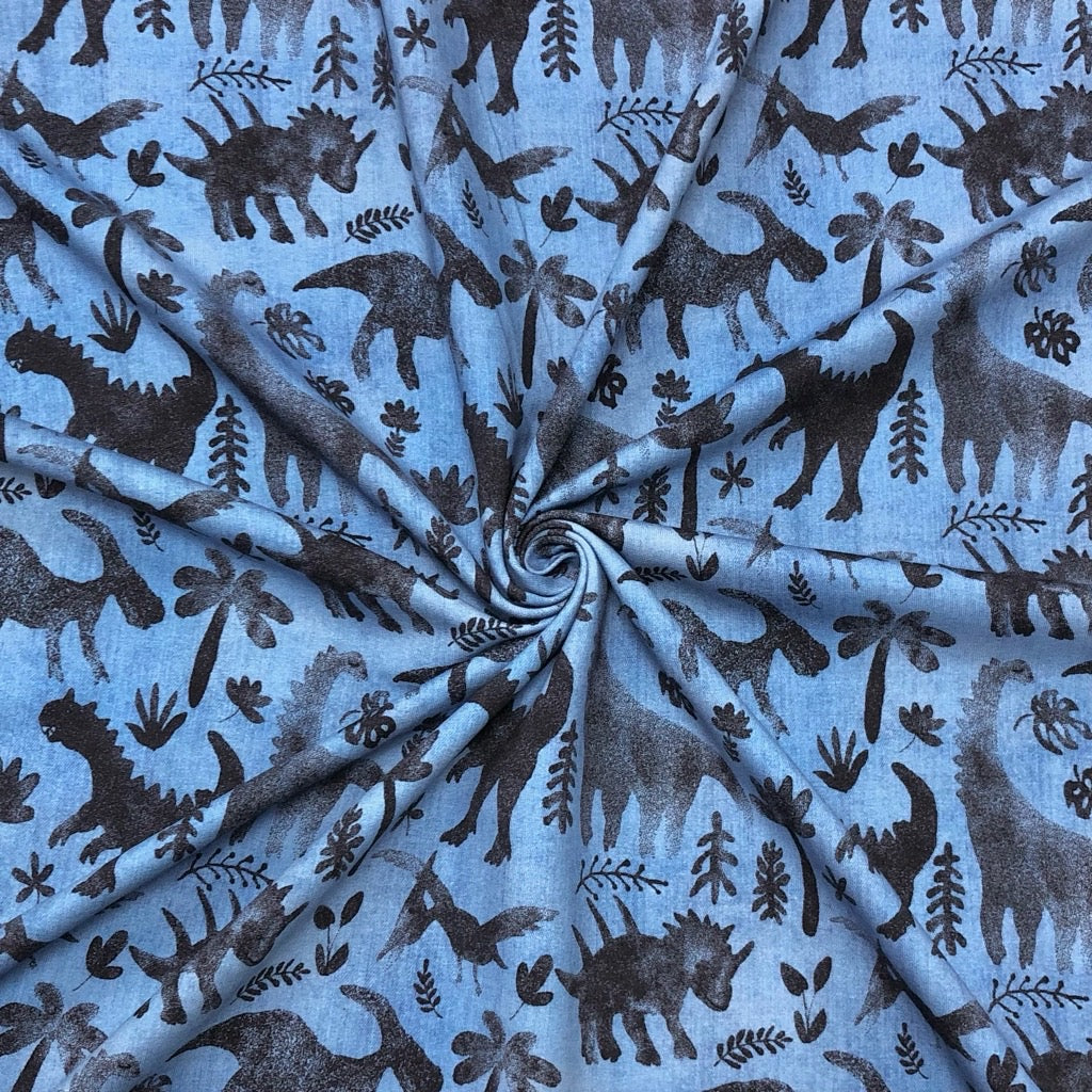 Dinosaurs on Denim Blue Digital Brushed French Terry Fabric