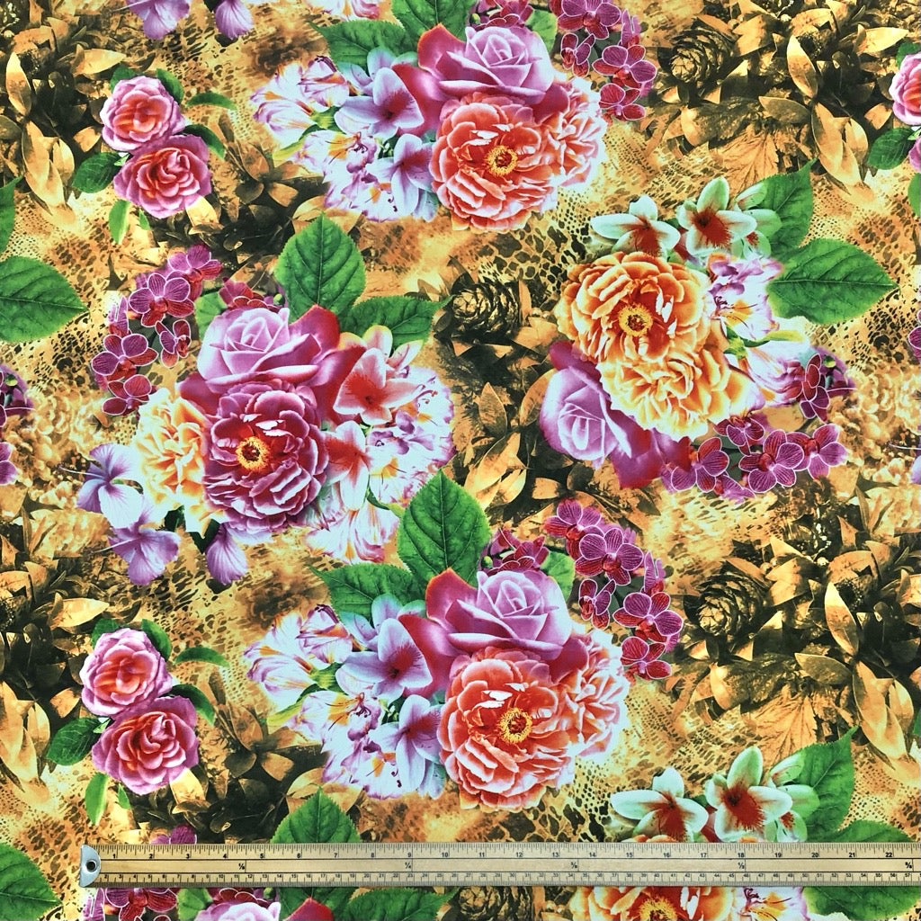 Large Vibrant Floral on Gold Cotton-Touch Polyester Fabric