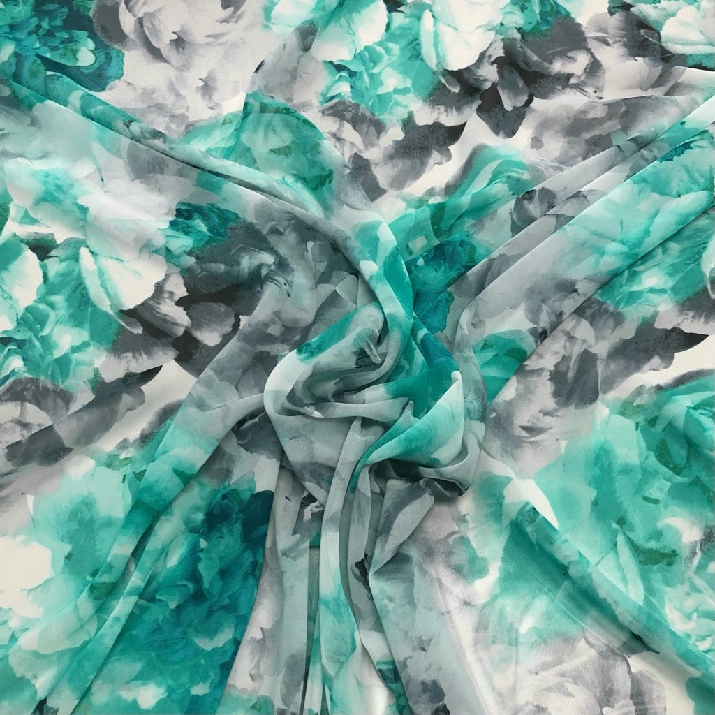 Large Green and Grey Floral Chiffon Fabric