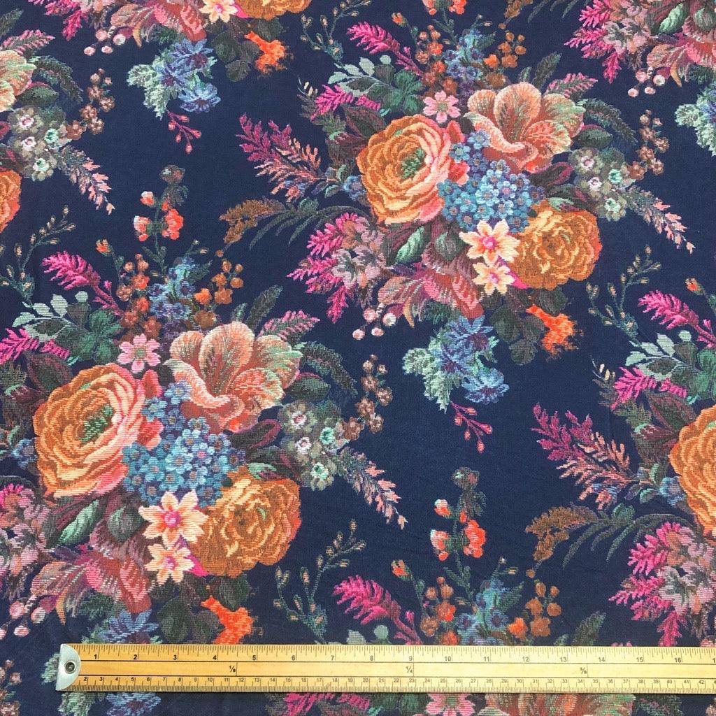 Large Flower Bouquet on Navy Jersey Fabric - Pound Fabrics
