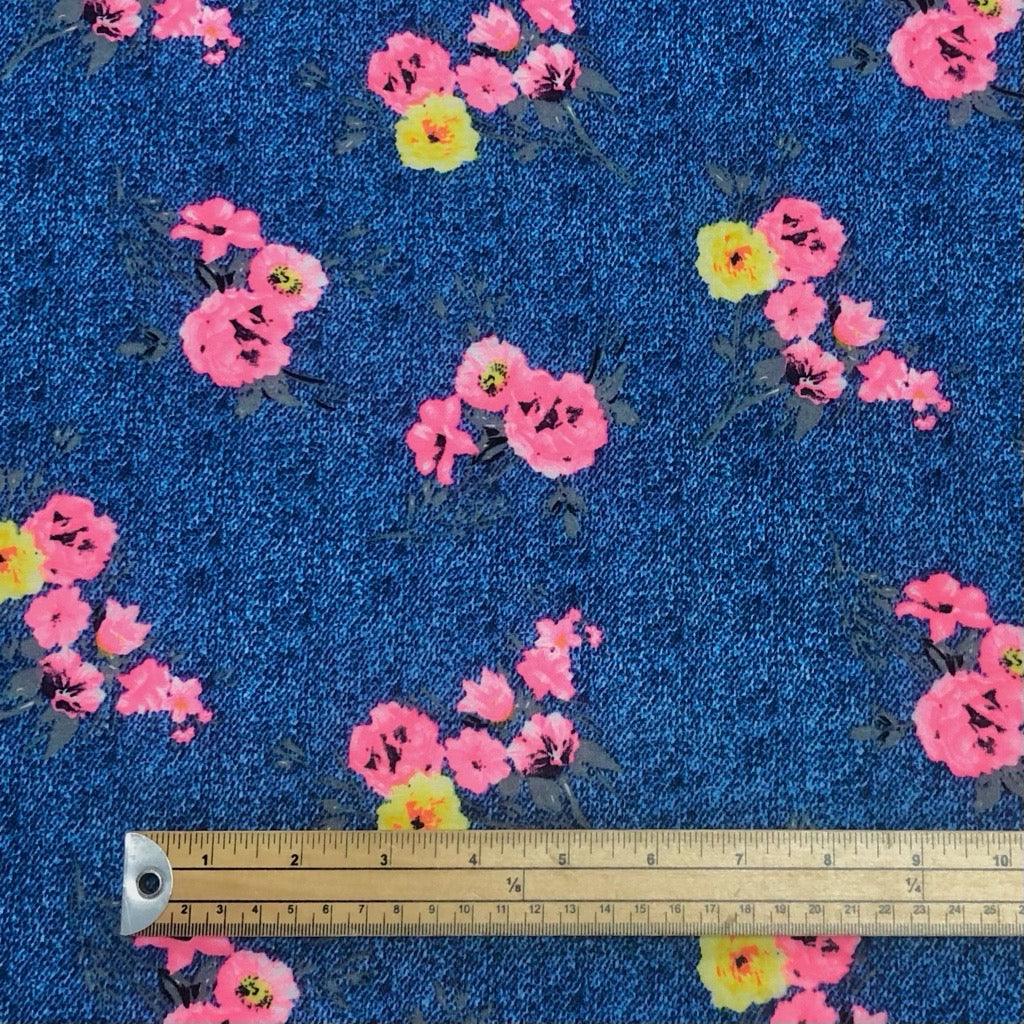 Pink & Yellow Flowers on Blue Jersey Fabric - Pound Fabrics