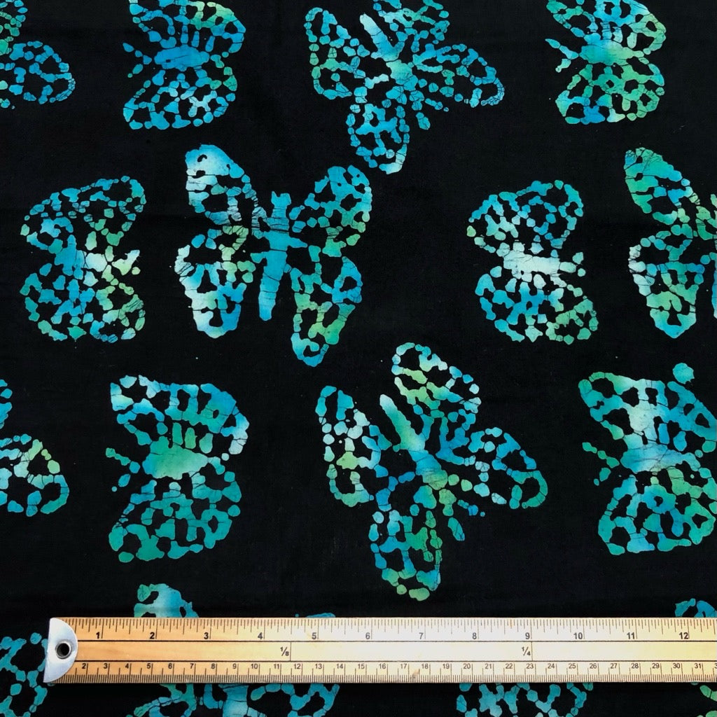 Green/Blue Butterflies on Black Cotton Batik Fabric - John Louden
