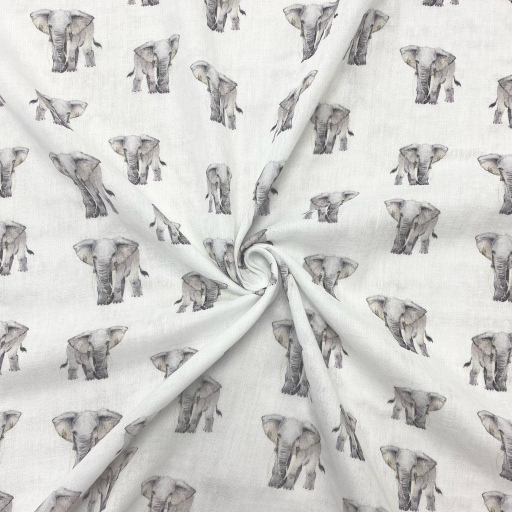 Elephants on White Flat Double Gauze Fabric - Pound Fabrics