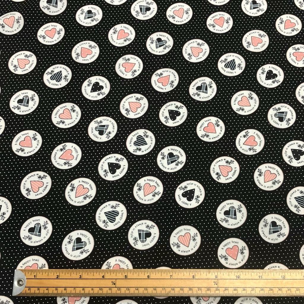 Circled Hearts and Polka Dots on Black Cotton Fabric - Pound Fabrics