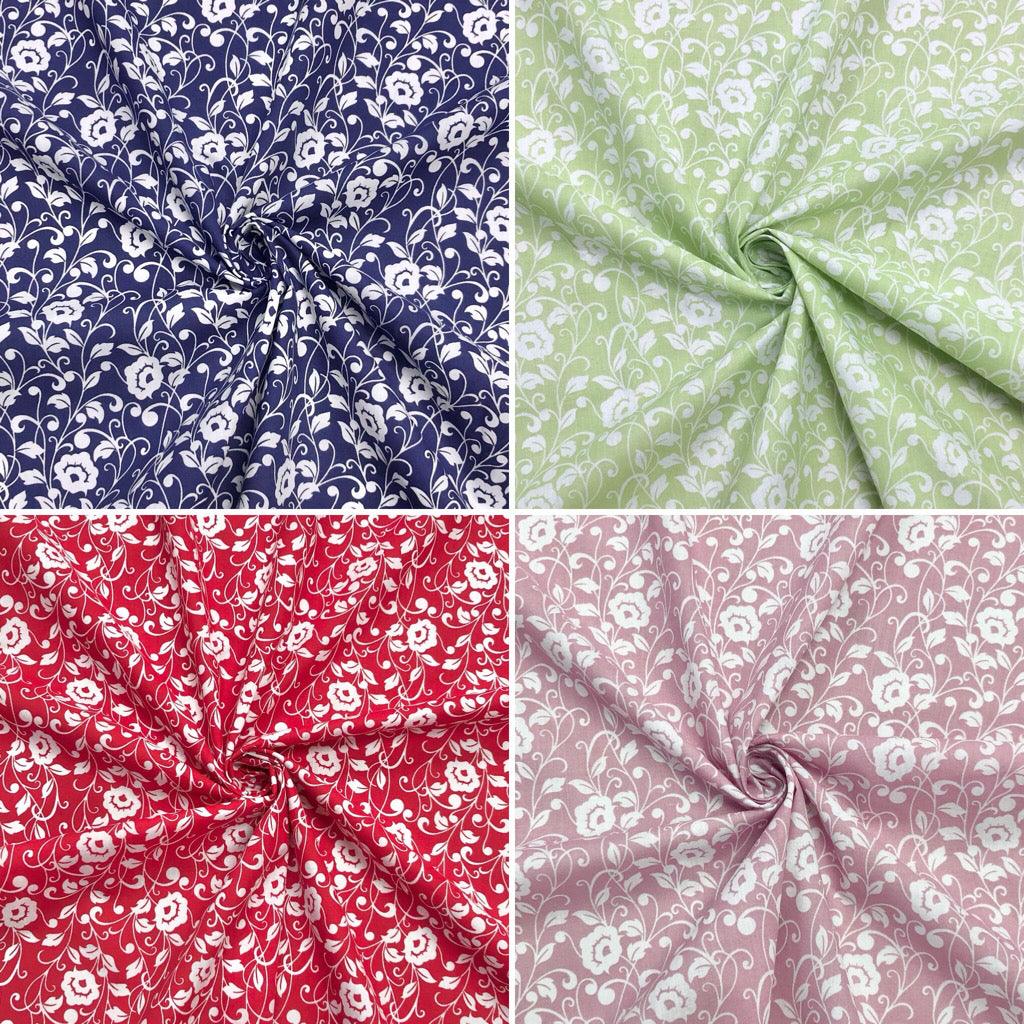 White Floral Vines Polycotton Fabric - Pound Fabrics