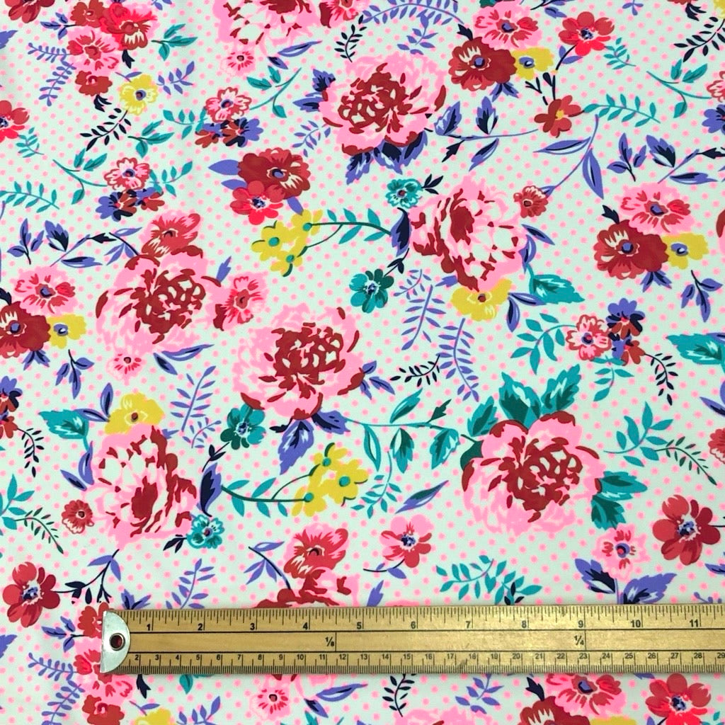 Multicolour Floral &amp; Polka Dots on White Lycra Spandex Fabric