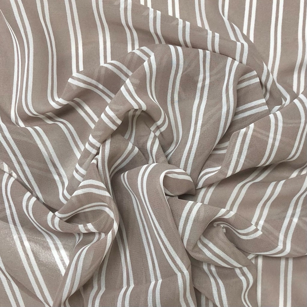 White Stripes on Taupe Chiffon Fabric