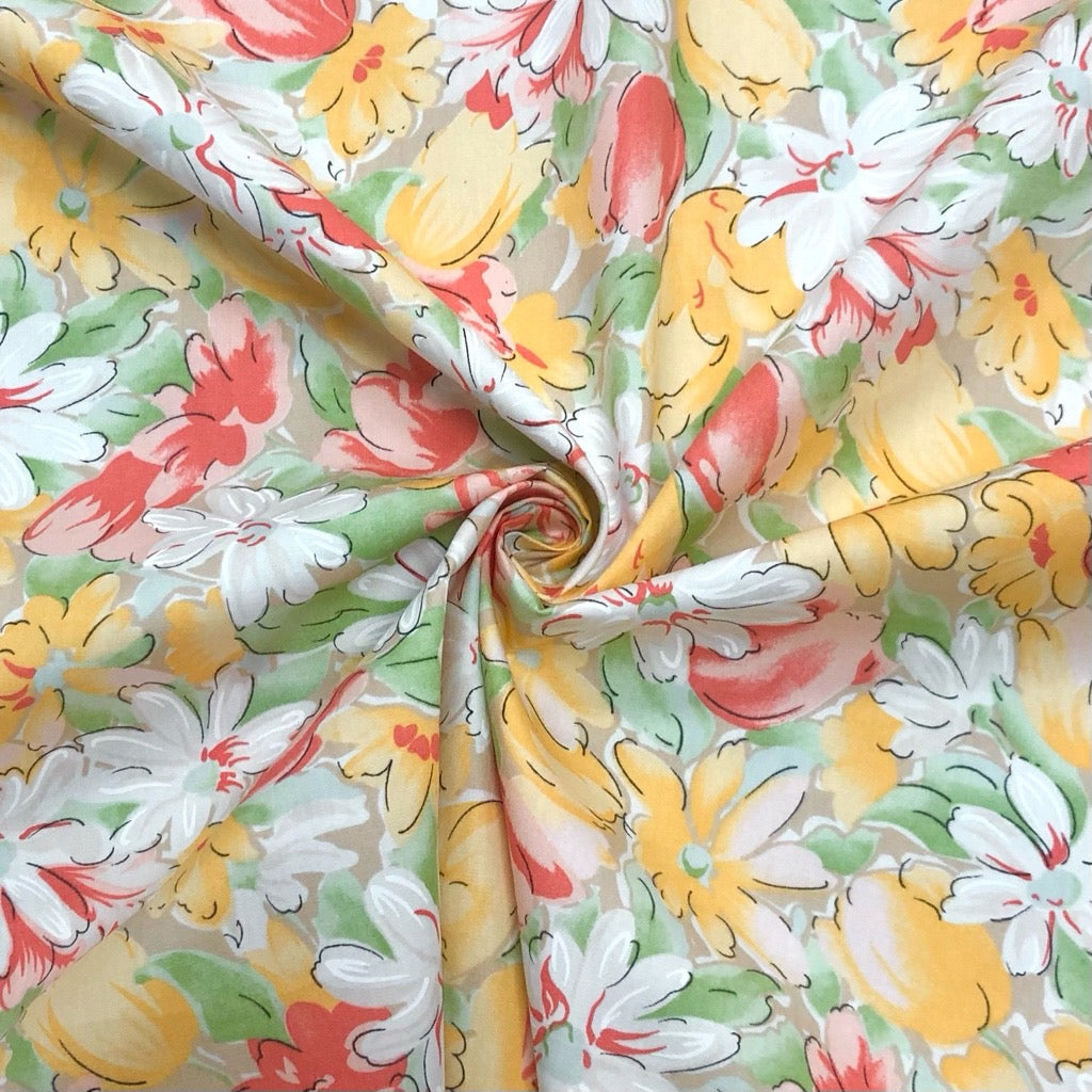 Yellow/Green Summer Floral Rose &amp; Hubble Cotton Poplin Fabric