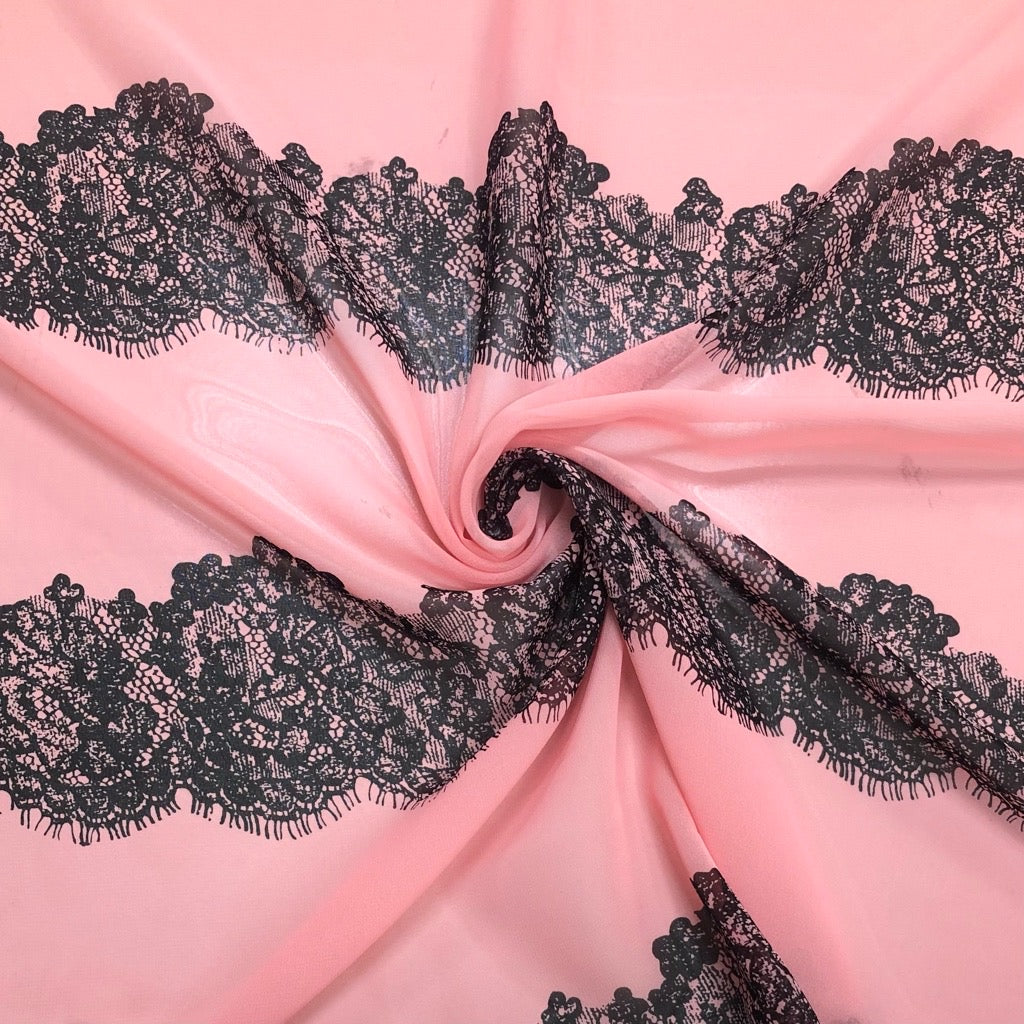 Black Lace Design on Pink Chiffon Fabric - Pound Fabrics