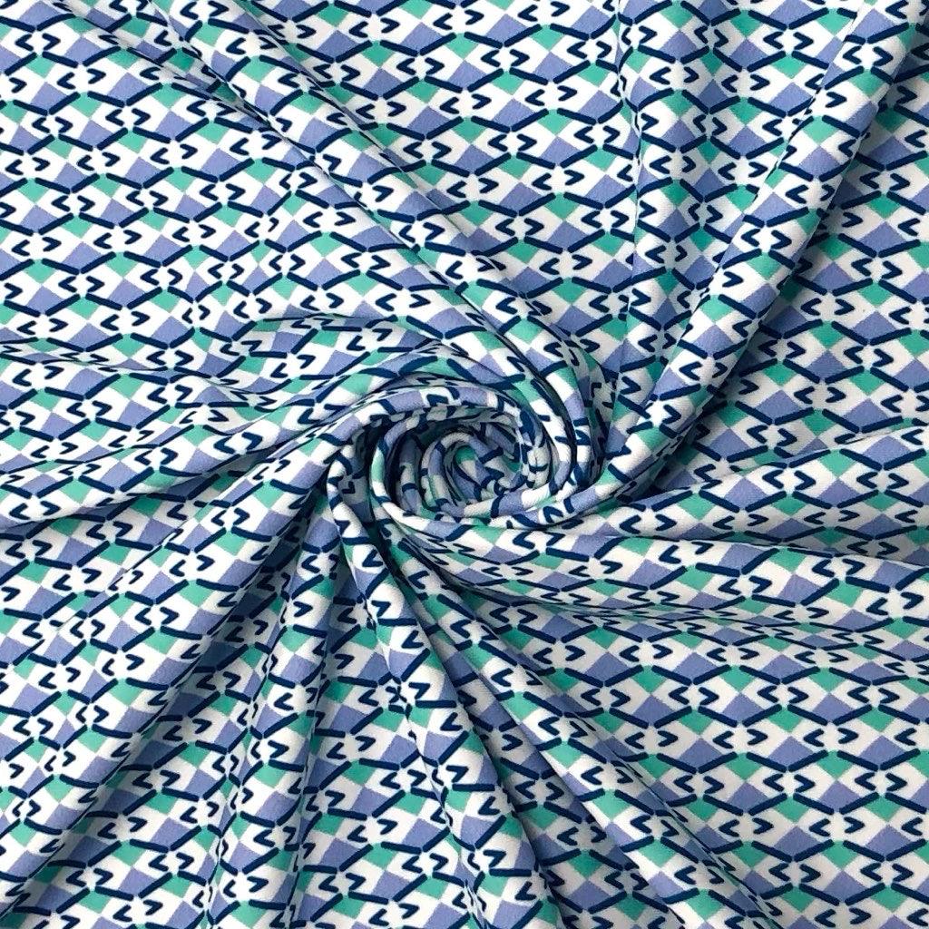 All Over Green Purple & White Geometric Patterns on Lycra Spandex Fabric - Pound Fabrics