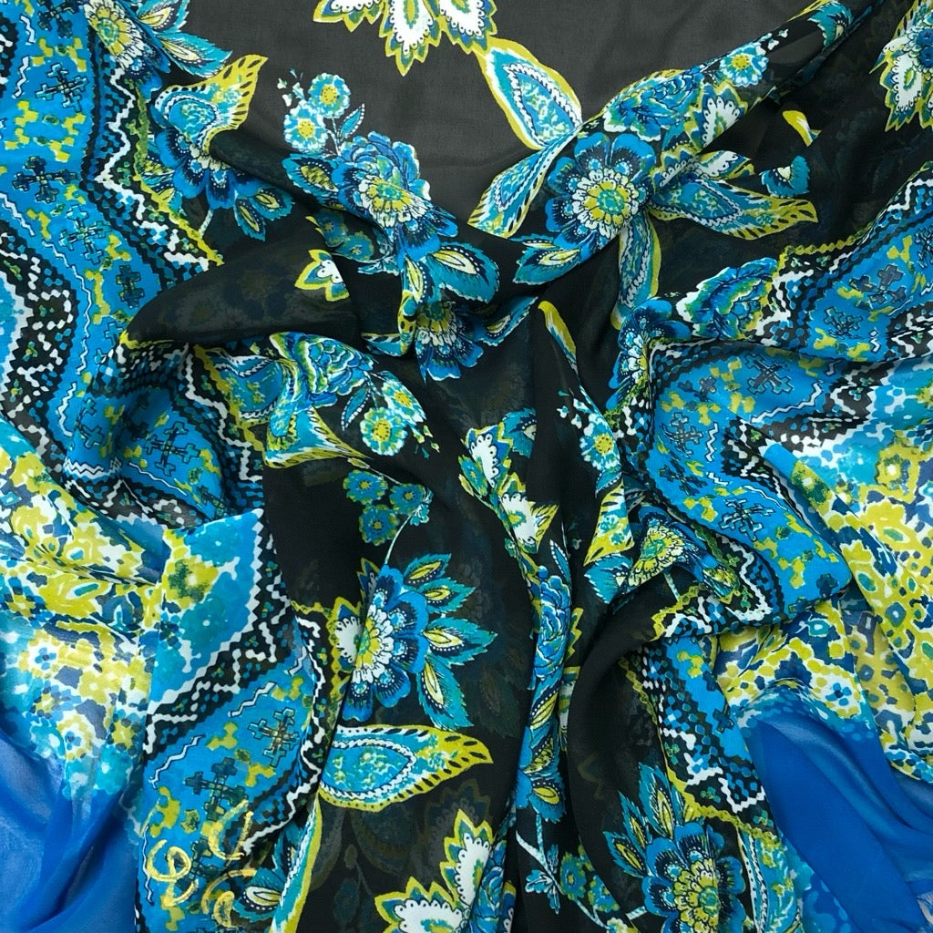 Floral and Zig Zag Double Border Chiffon Fabric