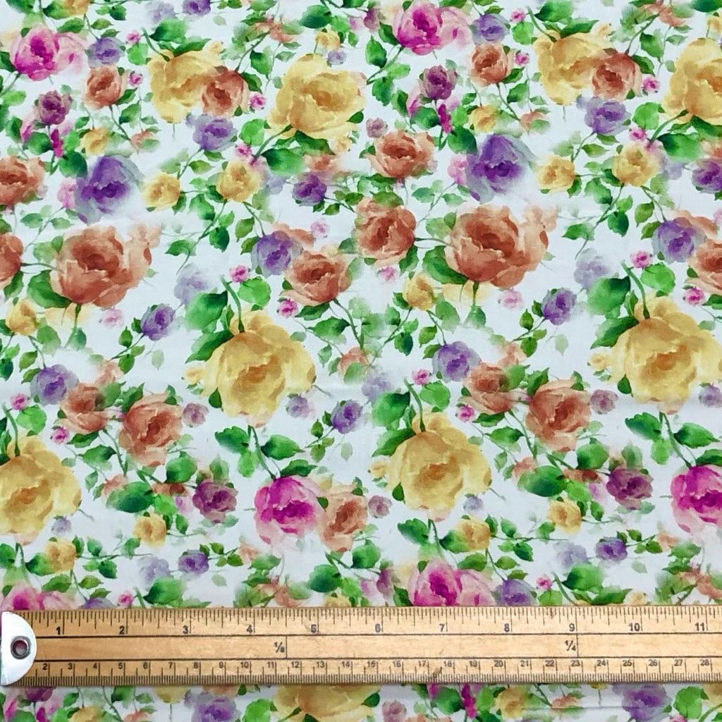 Digital Multicoloured Floral on White Viscose Fabric