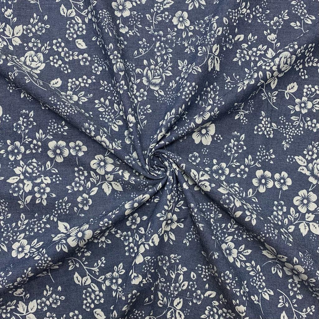 Multi Floral Chambray Denim Fabric - Pound Fabrics