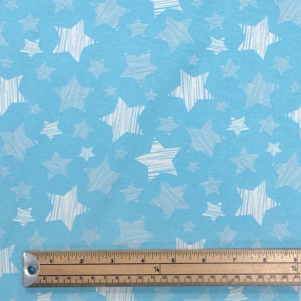 White & Grey Stars on Blue Cotton Jersey Fabric - Pound Fabrics