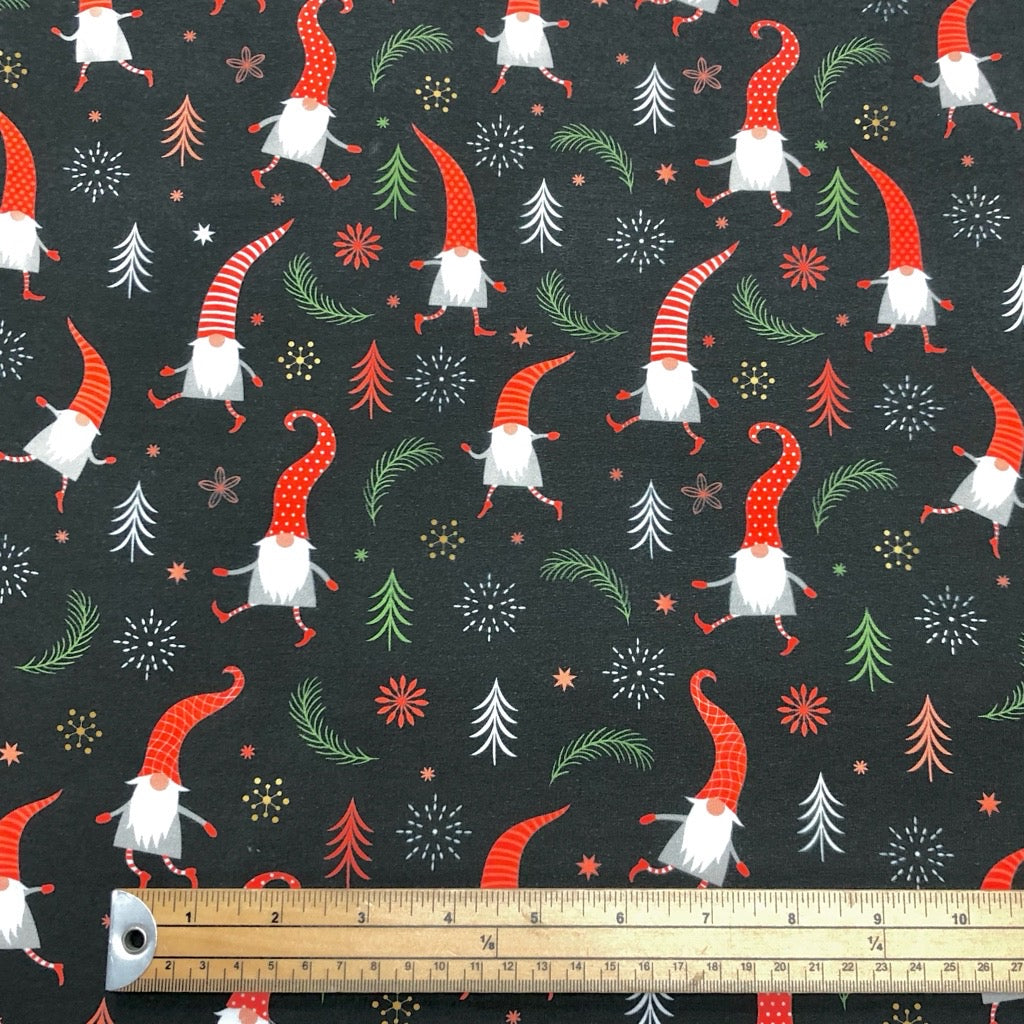 Christmas Gnomes on Black French Terry Fabric