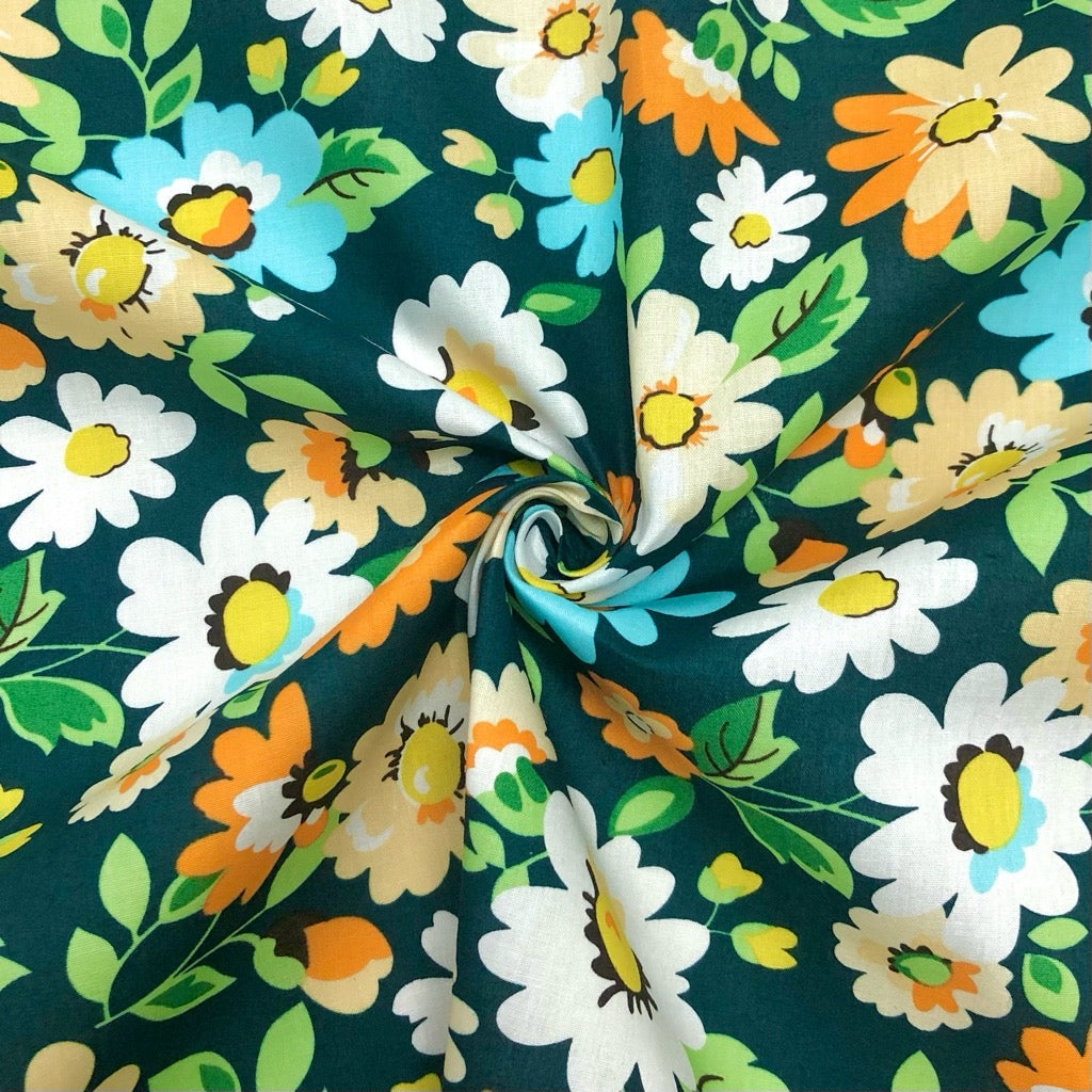 Blue, Orange and White Floral on Navy Cotton Poplin Fabric