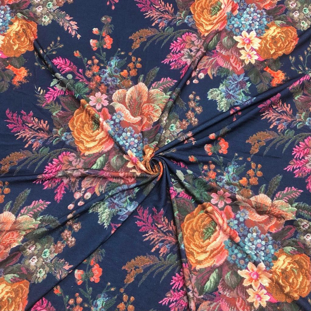 Large Flower Bouquet on Navy Jersey Fabric - Pound Fabrics