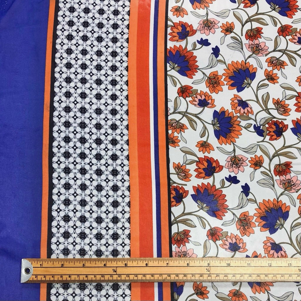 Orange and Blue Floral Double Border Chiffon Fabric