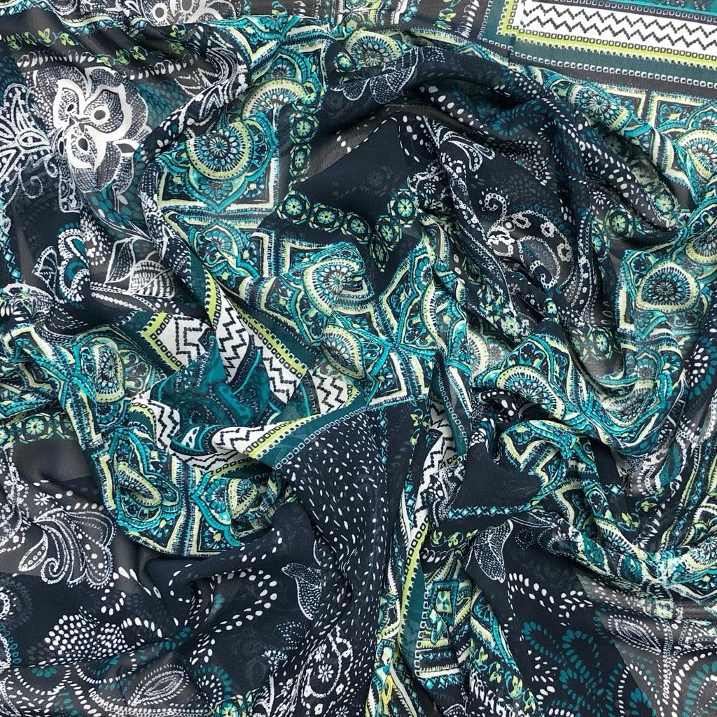 Teal Floral Tiles Chiffon Fabric - Pound Fabrics