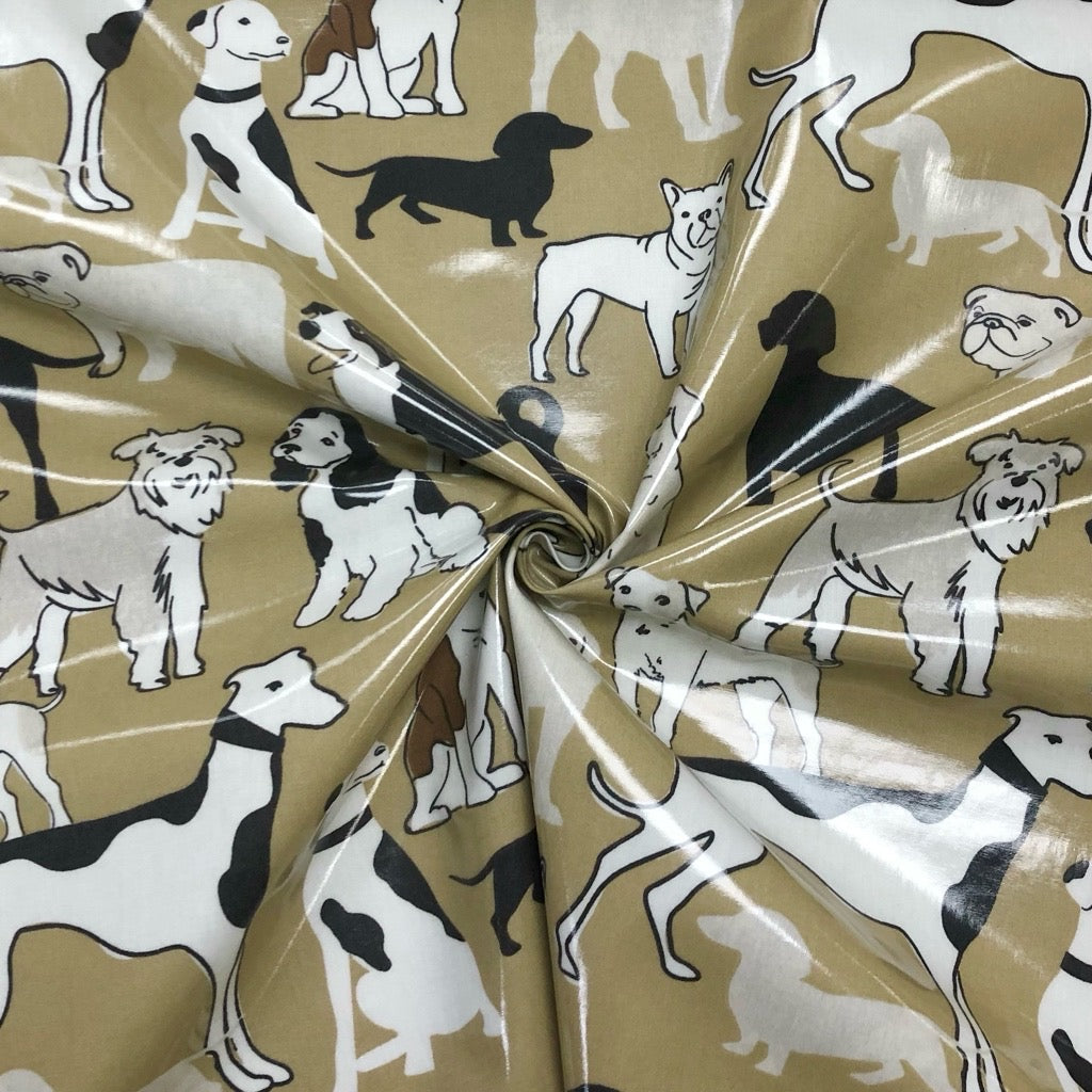 Dogs on Dark Beige PVC Coated Cotton Fabric