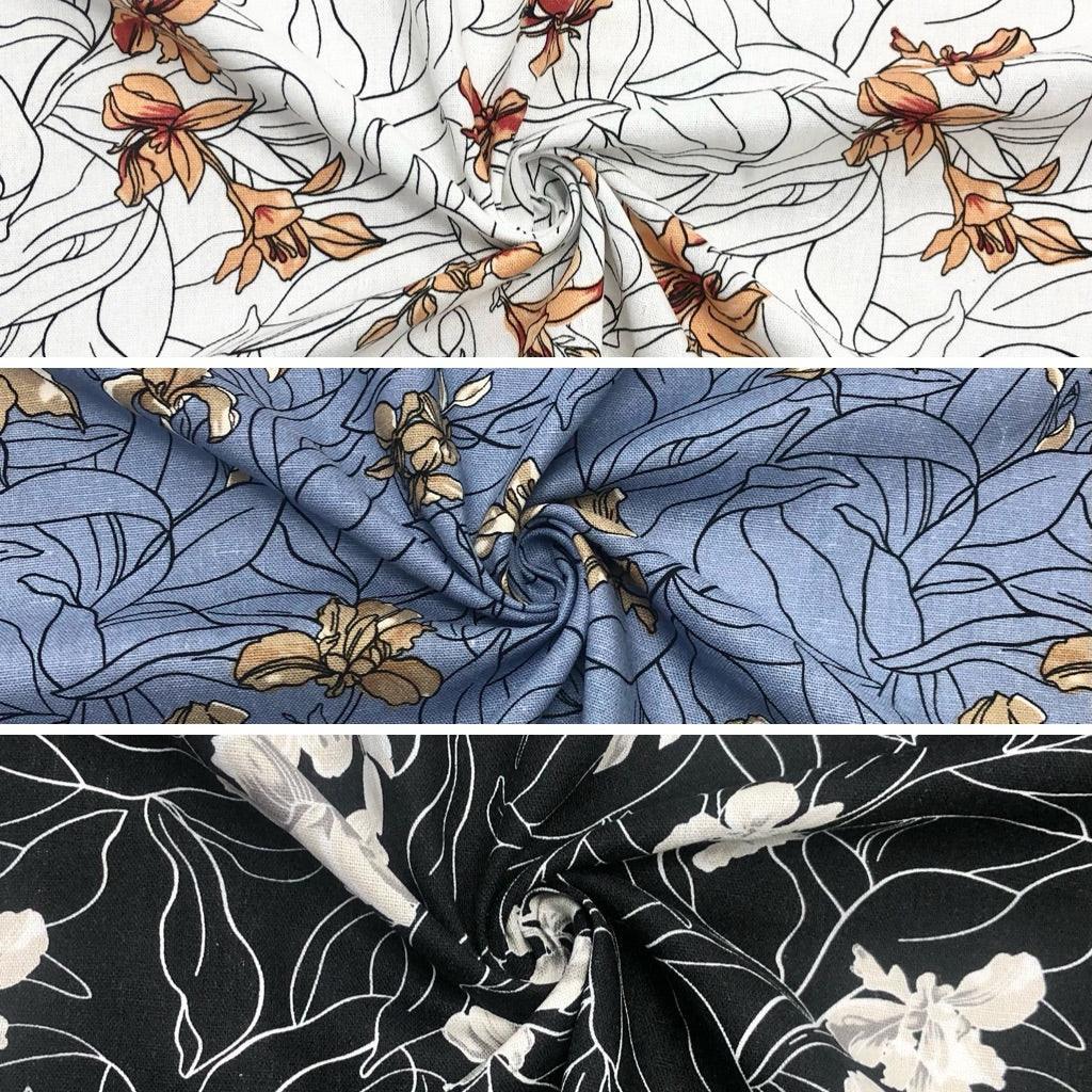 Floral and Leaves Sketch Linen Viscose Fabric - Pound Fabrics