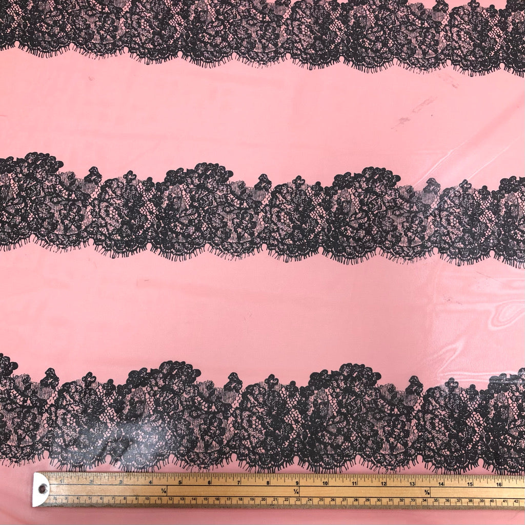 Black Lace Design on Pink Chiffon Fabric - Pound Fabrics
