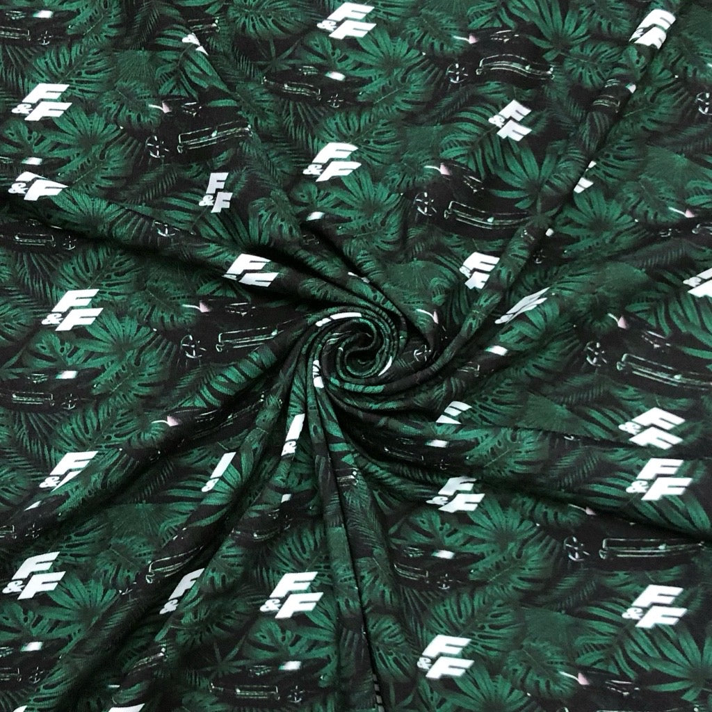 Fast &amp; Furious Cars and Tropical Leaves Cotton Jersey Fabric