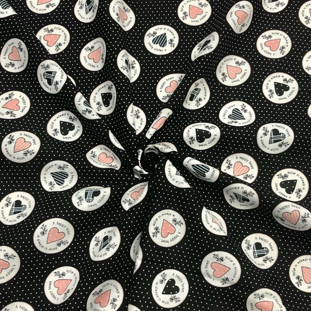 Circled Hearts and Polka Dots on Black Cotton Fabric - Pound Fabrics