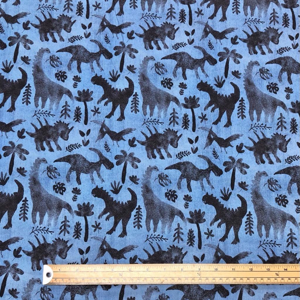 Dinosaurs on Denim Blue Digital Brushed French Terry Fabric - Pound Fabrics