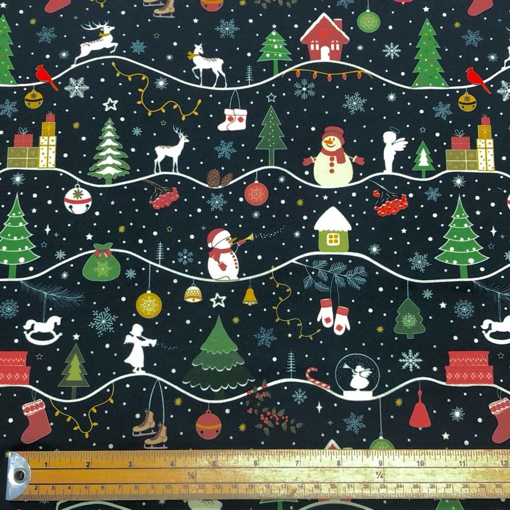 Snowy Christmas on Midnight French Terry Fabric - Pound Fabrics