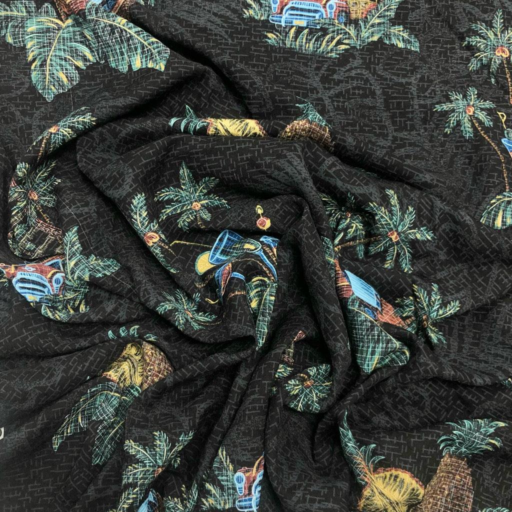 Vacation Vibes on Black Viscose Challis Fabric - Seconds - Pound Fabrics