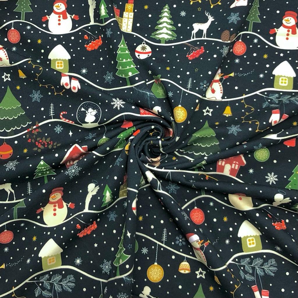 Snowy Christmas on Midnight French Terry Fabric - Pound Fabrics