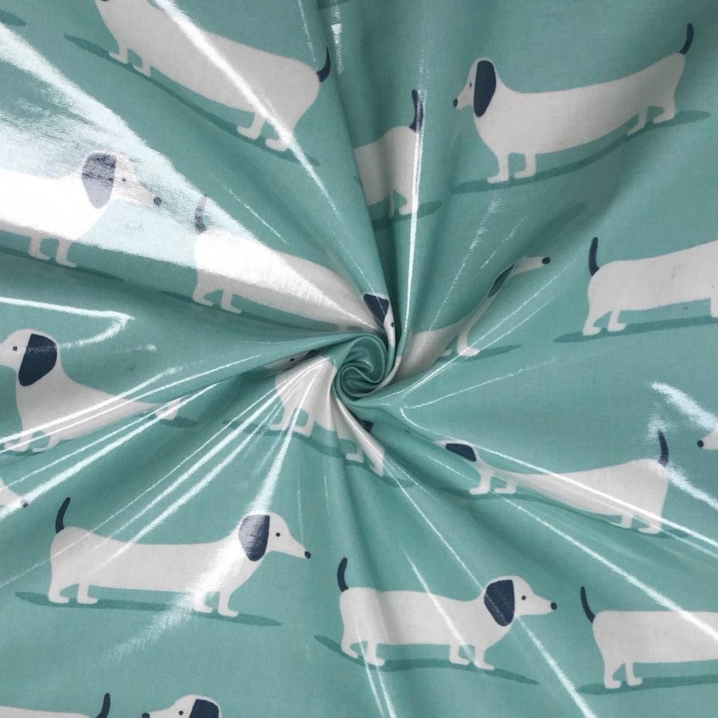 White Dogs on Duckegg PVC Coated Cotton Fabric - Pound Fabrics