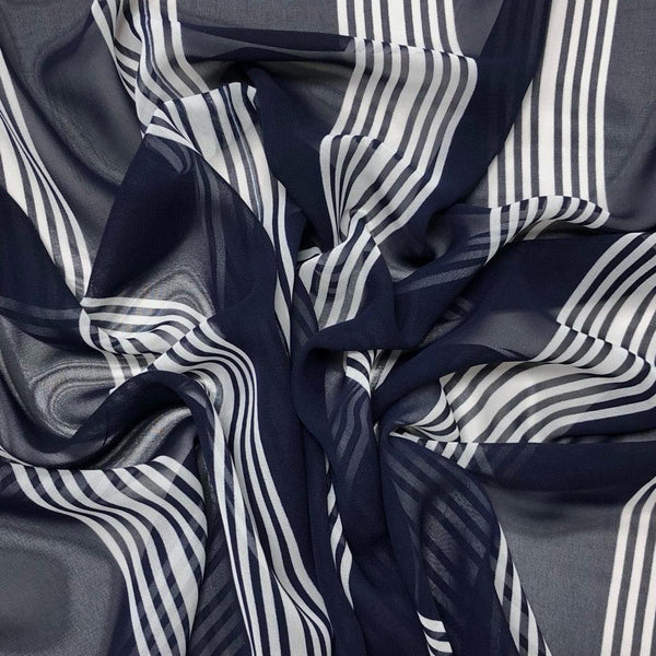 Stripes on Navy Chiffon Fabric | Pound Fabrics