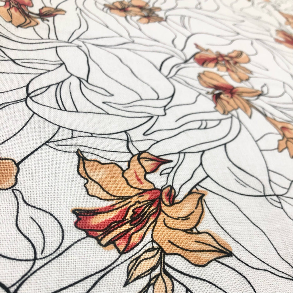 Floral and Leaves Sketch Linen Viscose Fabric