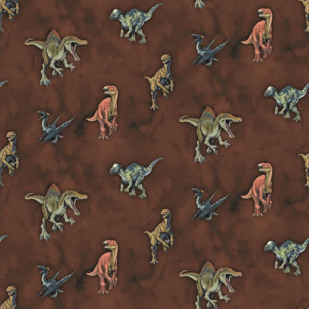 Dinosaurs on Brown Cotton Jersey Fabric - Pound Fabrics