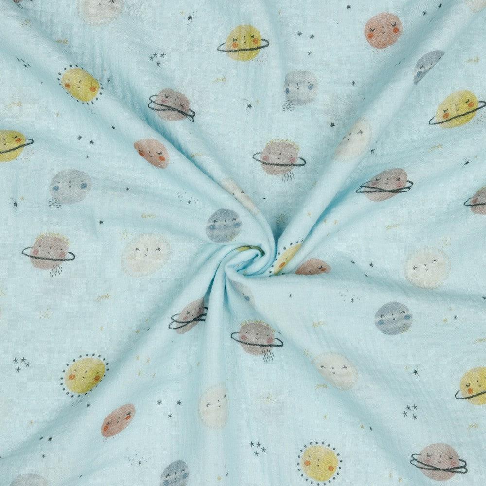 Planets on Blue Organic Double Gauze Fabric - Pound Fabrics