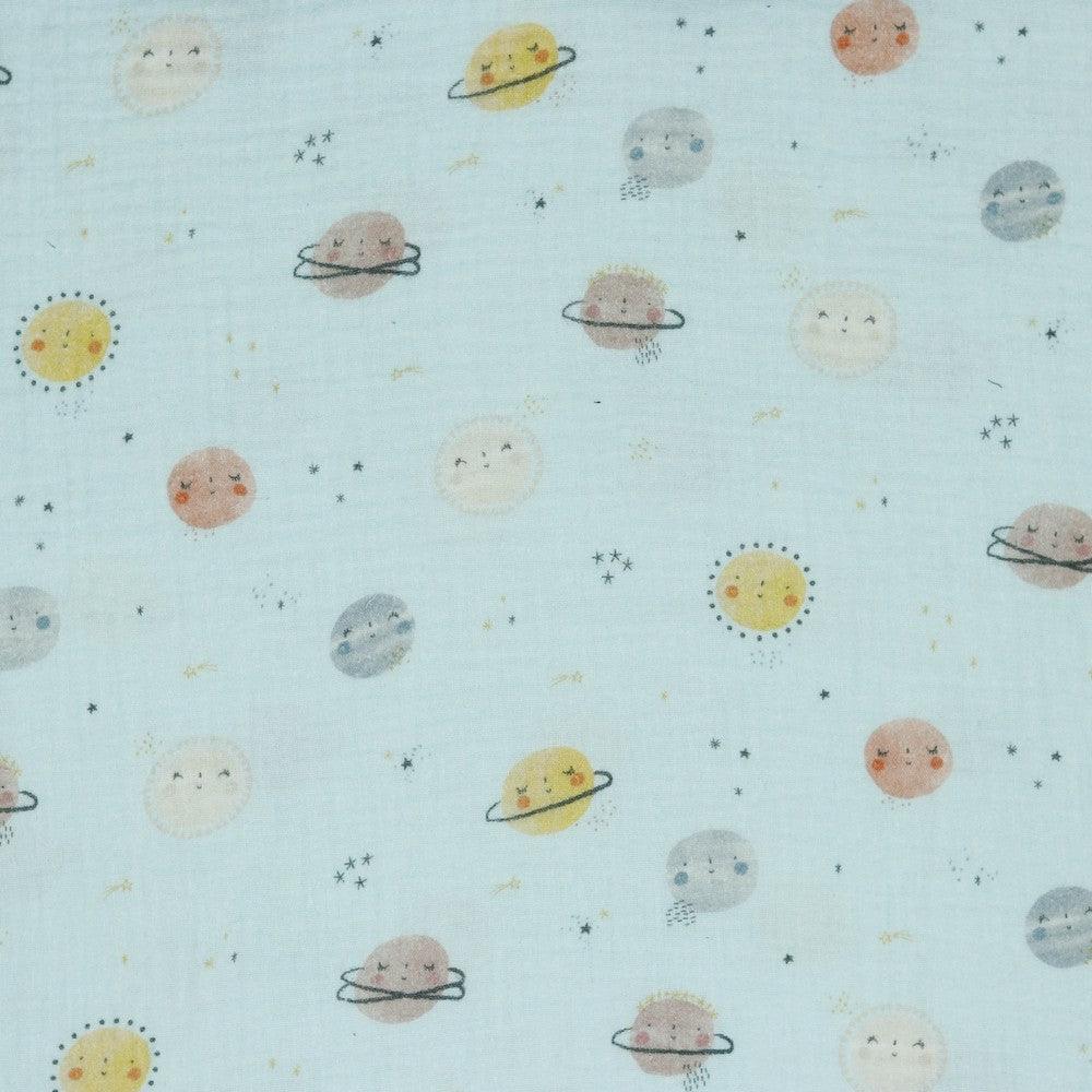 Planets on Blue Organic Double Gauze Fabric - Pound Fabrics