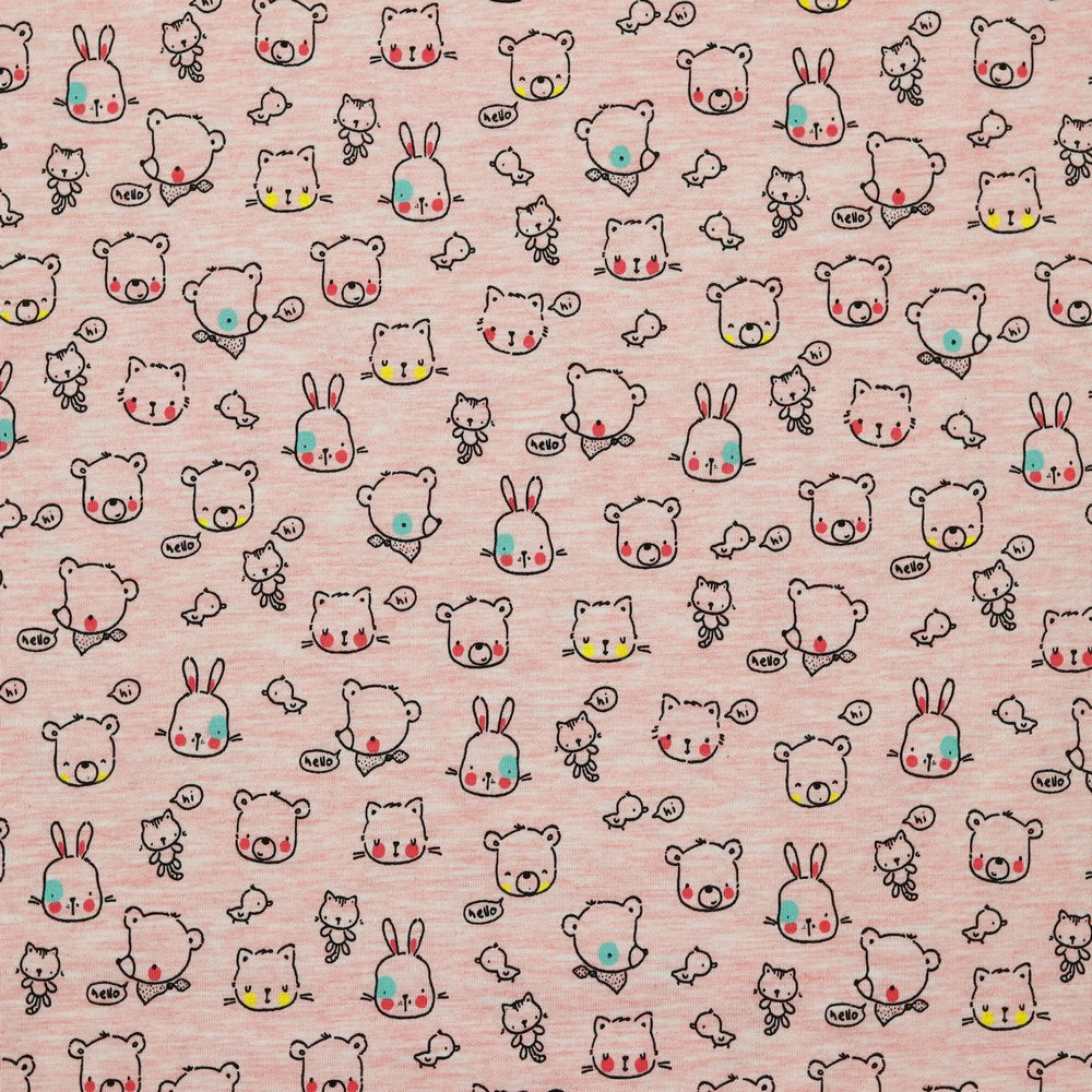 Cute Animal Faces Pink Melange Cotton Mix Jersey Fabric - Pound Fabrics