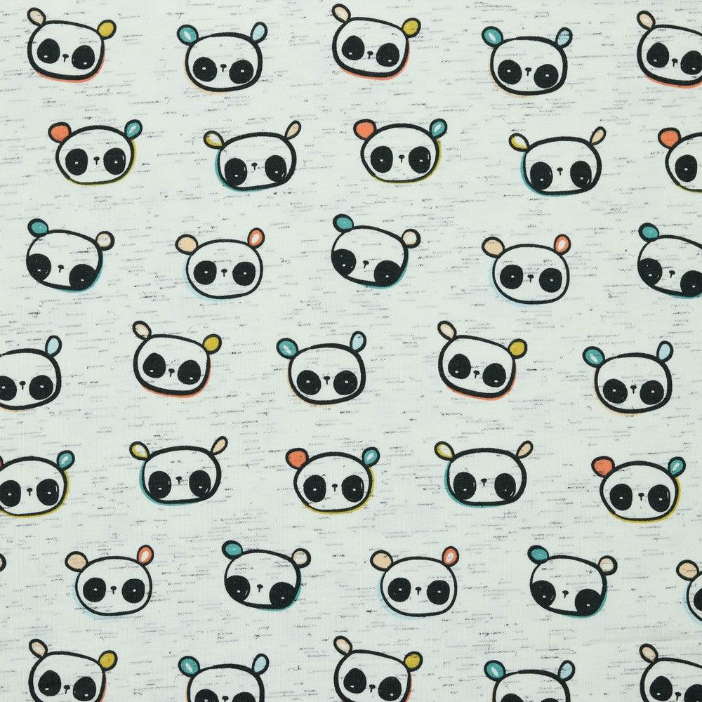 Panda Faces on Mottled Cotton Jersey Fabric - Pound Fabrics