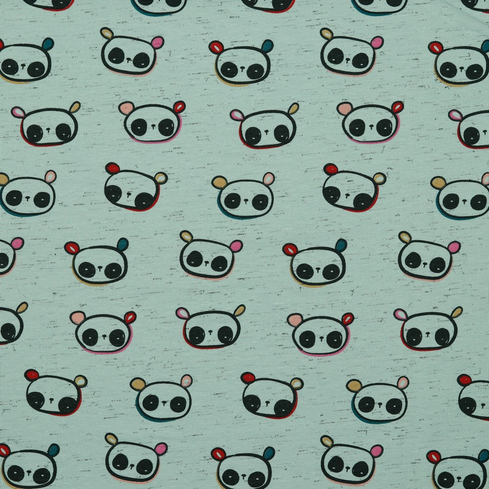 Panda Faces on Mottled Cotton Jersey Fabric