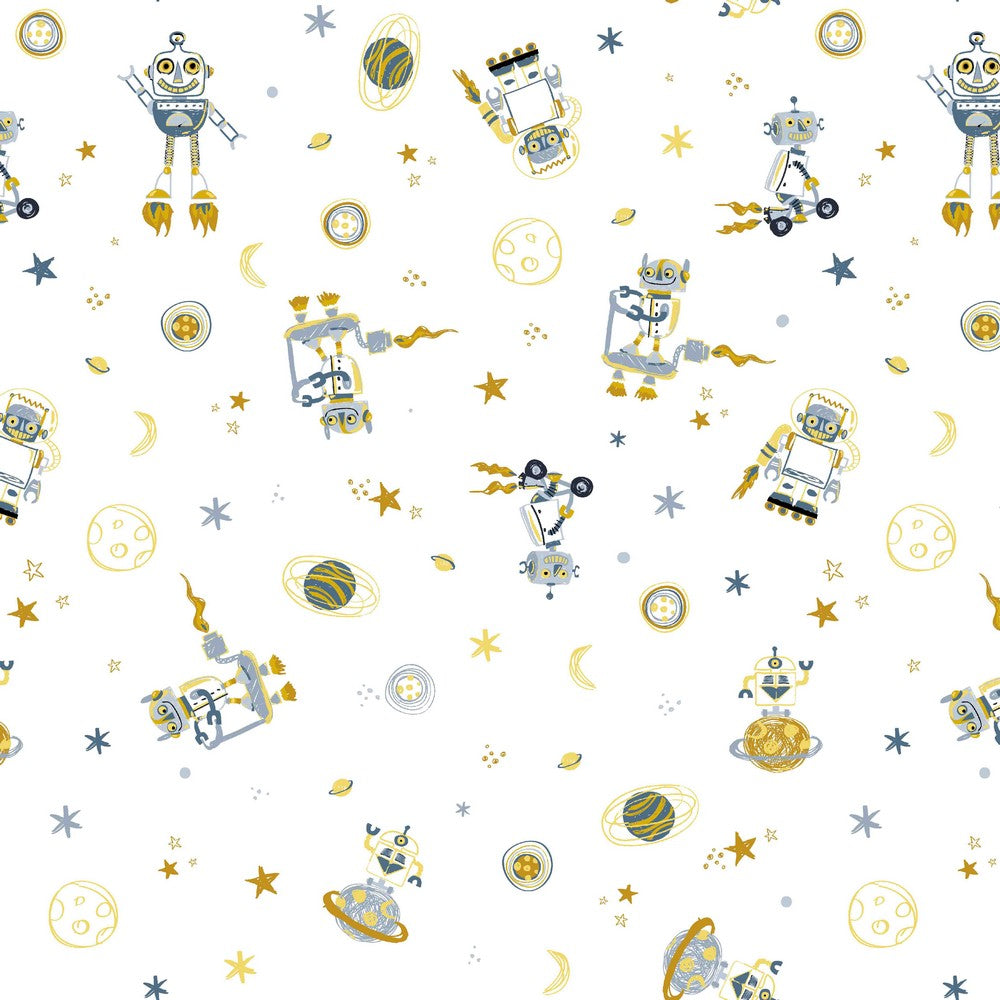 Robots in Space Cotton Poplin Fabric - Pound Fabrics