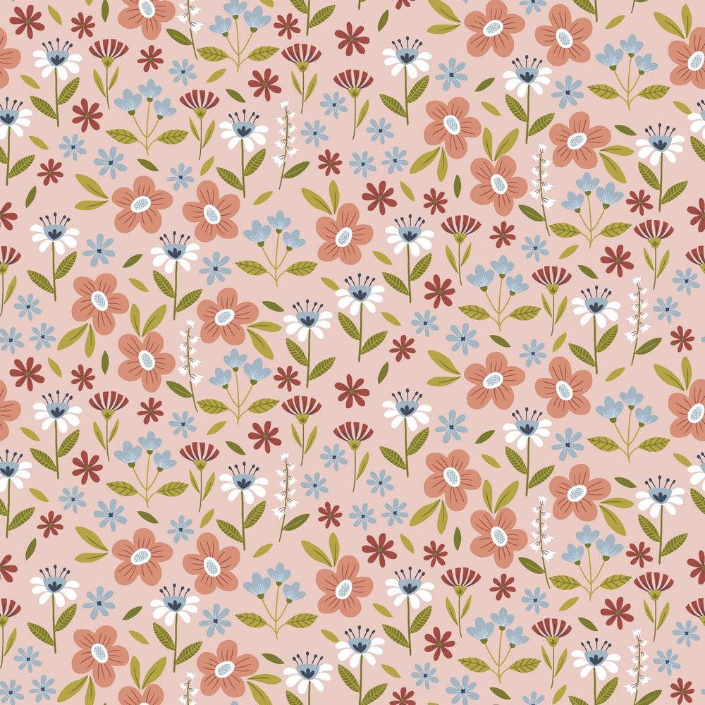 Pink/Blue Floral on Pink Cotton Poplin Fabric - Pound Fabrics