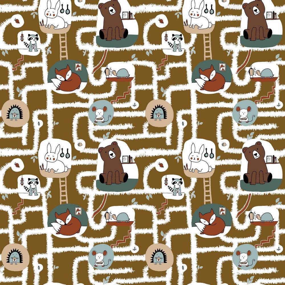 Animals in Maze on Mustard Organic Cotton Poplin Fabric - Pound Fabrics