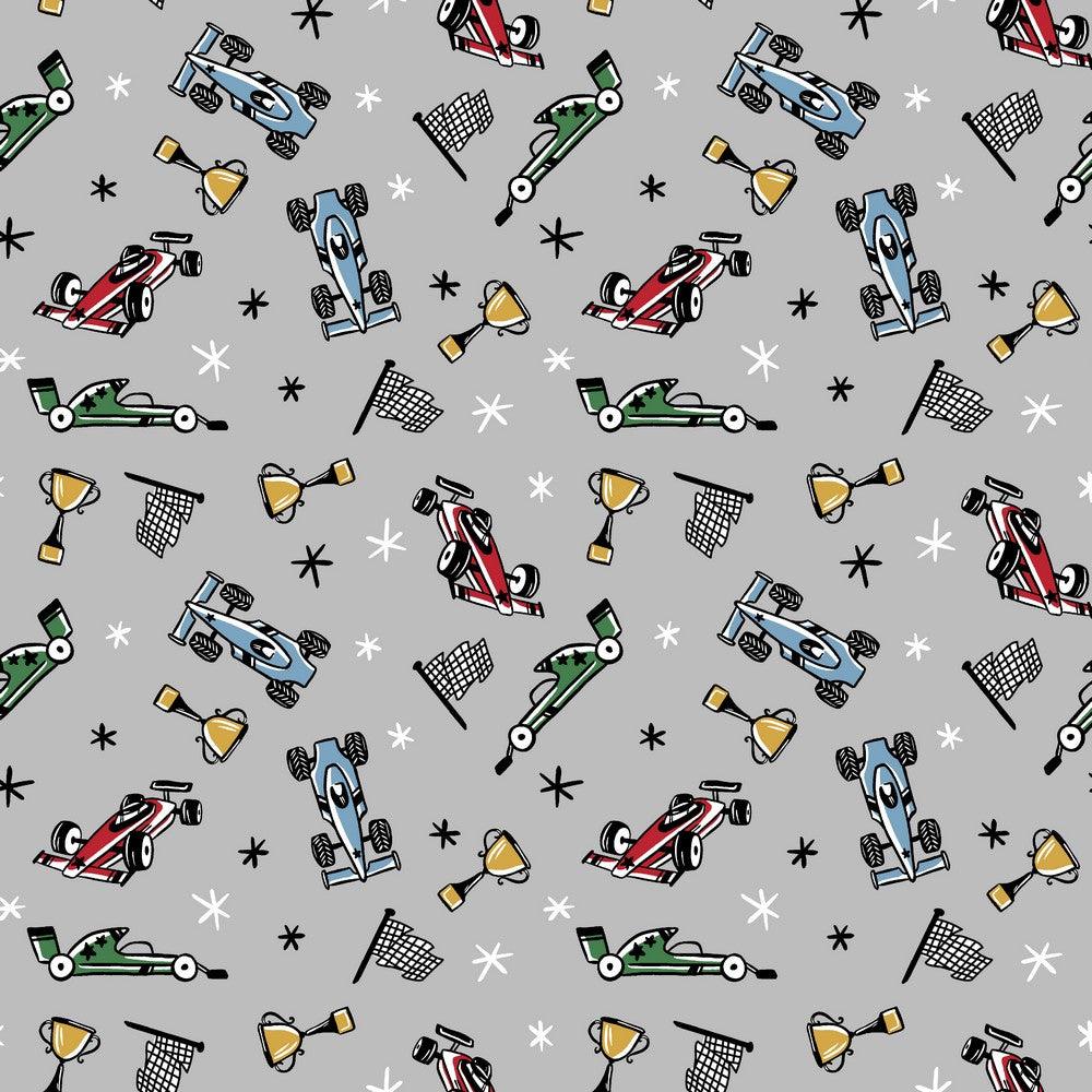 Racing Cars and Trophies Organic Cotton Jersey Fabric - Pound Fabrics