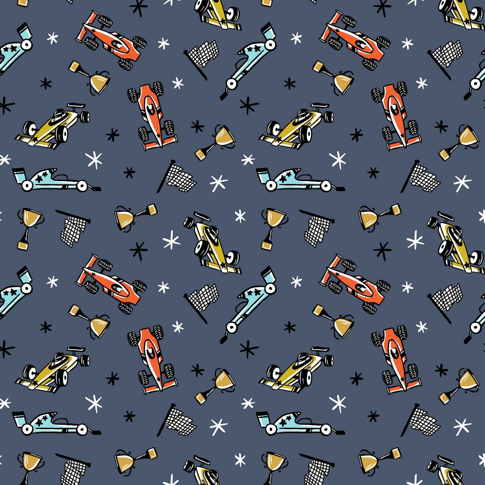 Racing Cars and Trophies Organic Cotton Jersey Fabric - Pound Fabrics
