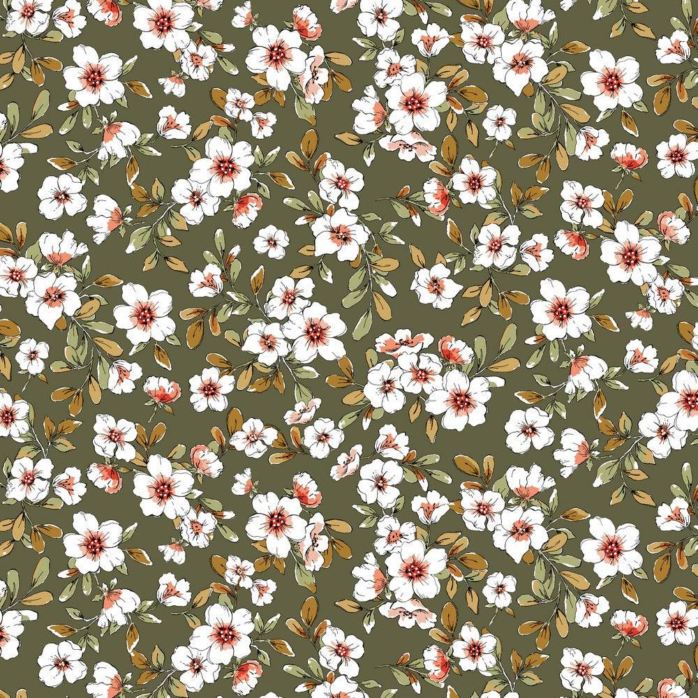 Digital White and Red Floral on Khaki Modal Jersey Fabric - Pound Fabrics