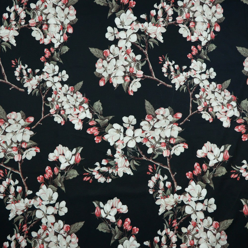 White and Red Floral Branches Polyester Fabric - Pound Fabrics